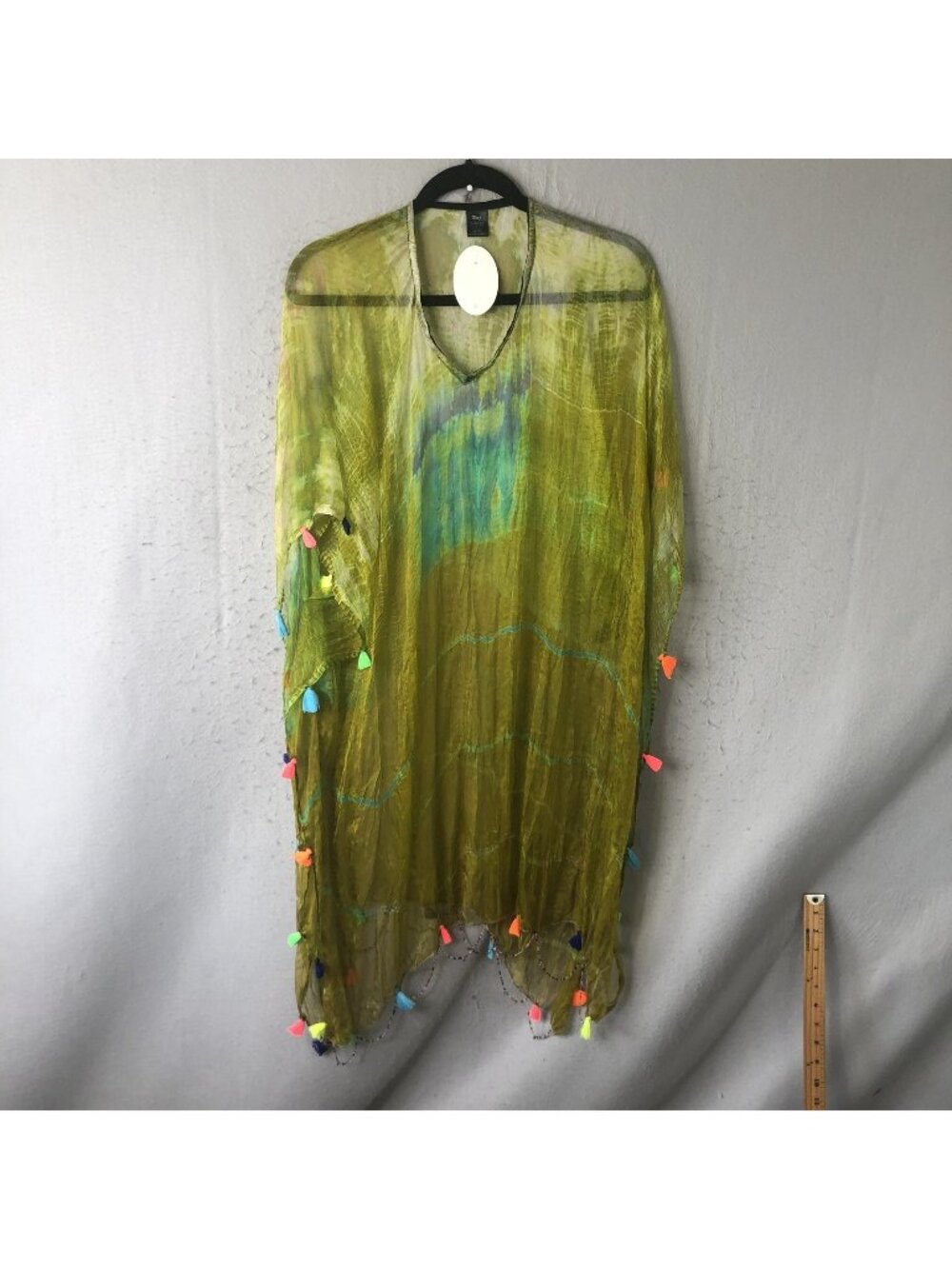 Raj Kaftan Dress Womens One Size Green Tie Dye Silk Tassel Boho Beach Resort